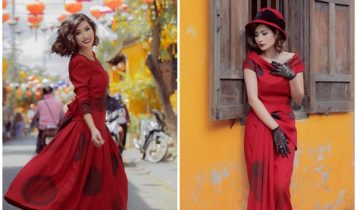 Nguyễn Hồng Nhung dạo chơi ở Hội An với sắc đỏ nổi bật