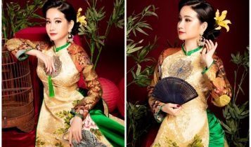 Doanh nhân Huyền Cò diện áo dài 3D tinh xảo kết cầu kỳ trên nền gấm lụa