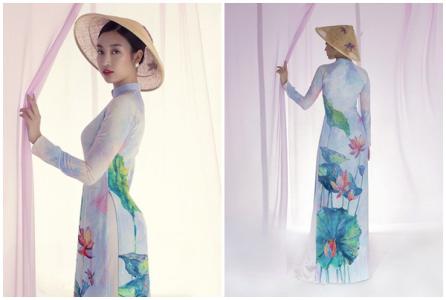 Hoa hậu Đỗ Mỹ Linh diện áo dài hoạ tiết hoa sen thanh thoát