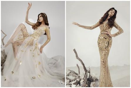 Võ Hoàng Yến diện váy cưới dát vàng đính kết lông vũ và pha lê Swarovski