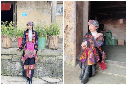 Giáng My diện trang phục người dân tộc Lô Lô khi đi du lịch Hà Giang