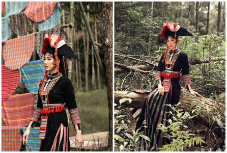 Thúy Ngân diện trang phục thổ cẩm hóa thiếu nữ dân tộc