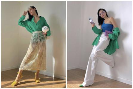 Khánh Linh lăng xê thời trang gam màu xanh