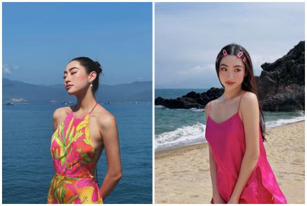 Lương Thùy Linh diện váy màu sắc sặc sỡ dạo biển