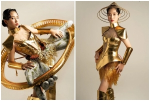 Mẫu nhí Đặng Minh Anh mặc trang phục lấy cảm hứng từ cầu Vàng