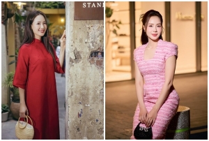 Hồng Diễm đẹp dịu dàng khi diện váy màu hồng, áo dài đỏ xuống phố